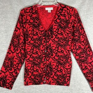 SAG HARBOR Classy Red Black Button Up V Neck Cardigan Velvet Look Cashmere Feel